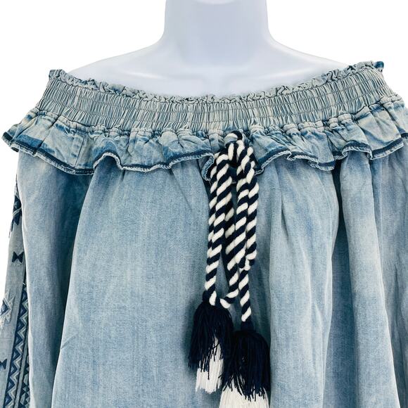 Vintge Havana Blue Tencel Off Shoulder Long Sleeve Peasant Boho Top Ruffle Tie S - Picture 6 of 12
